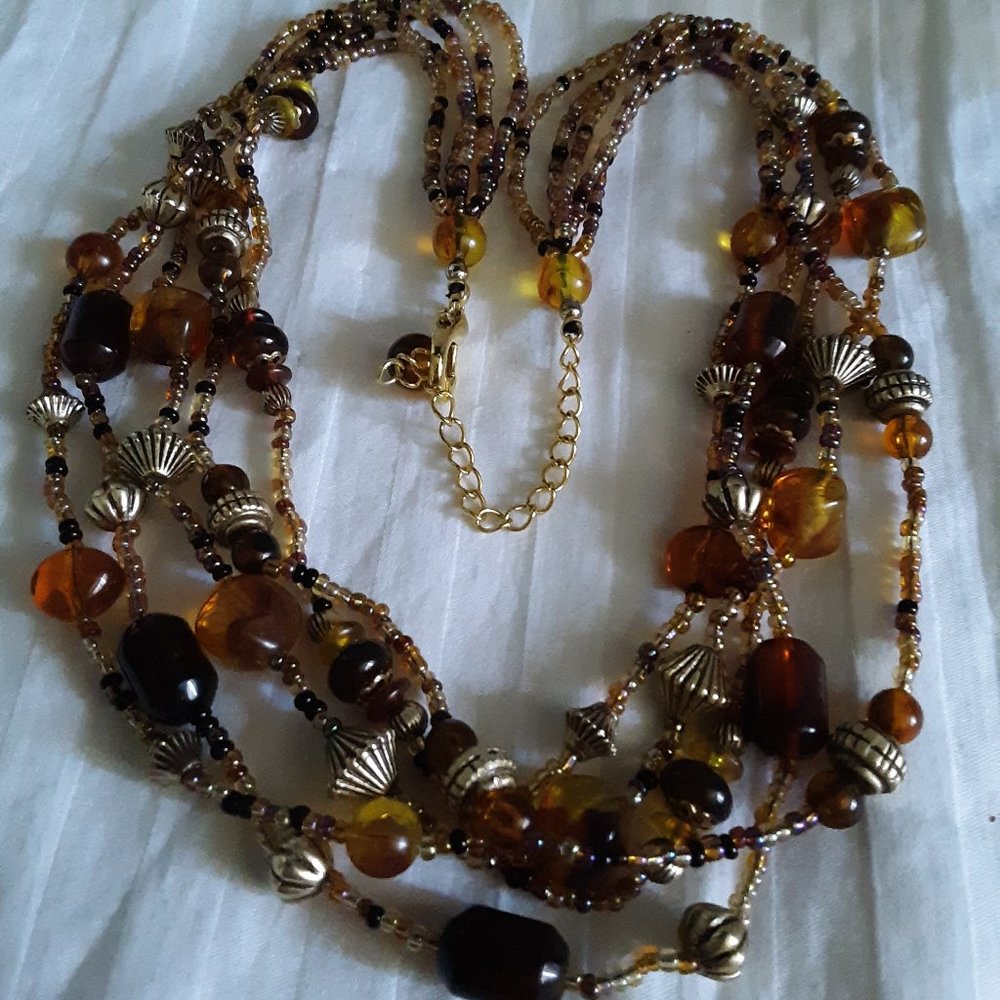 Seed Bead Iridescent Amber Brown Gold Tone Beads Necklace